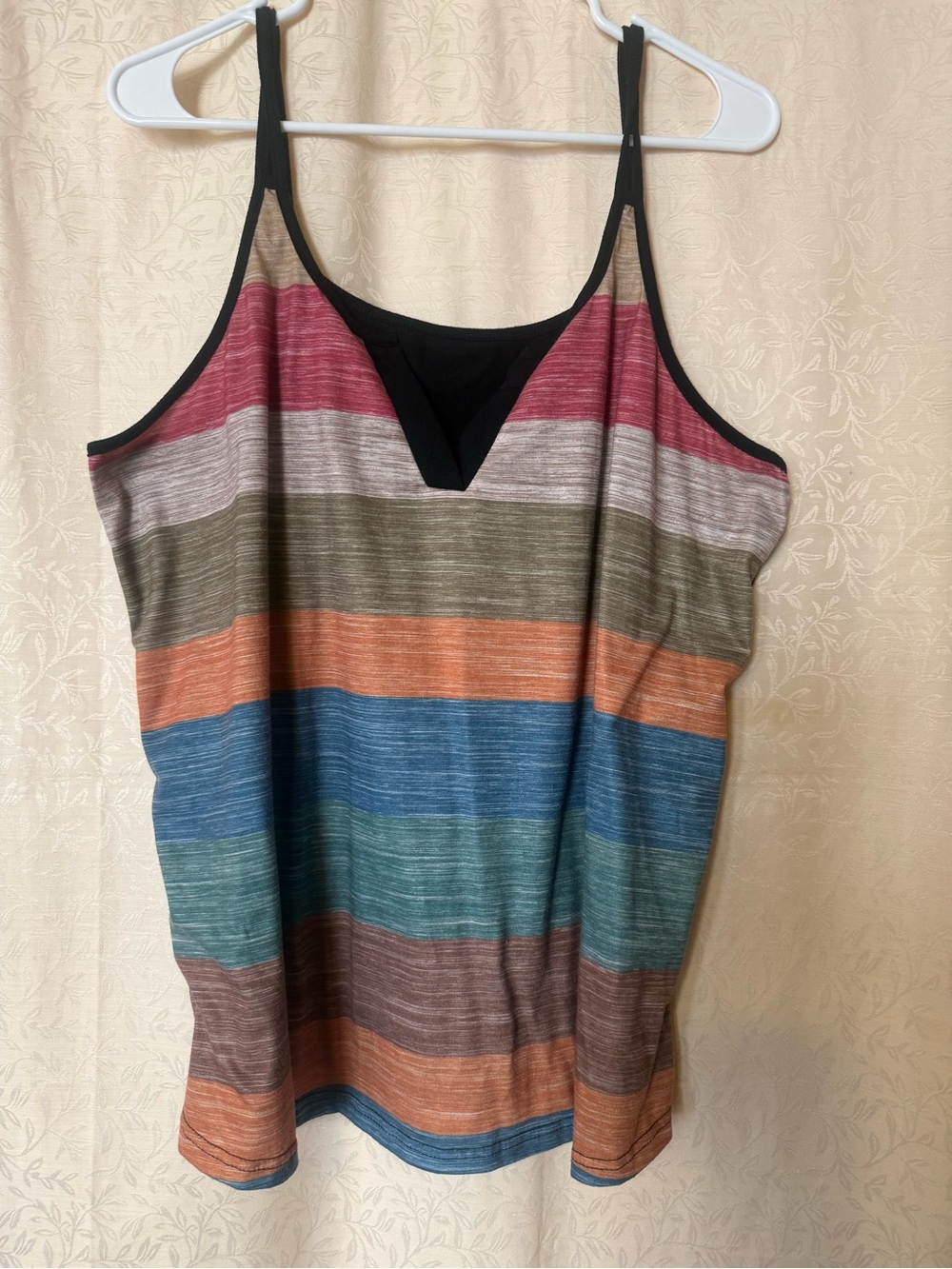 Tank Top, Women’s XXL Multi Colored Horizontal Stripes and Notched V Neck Cami